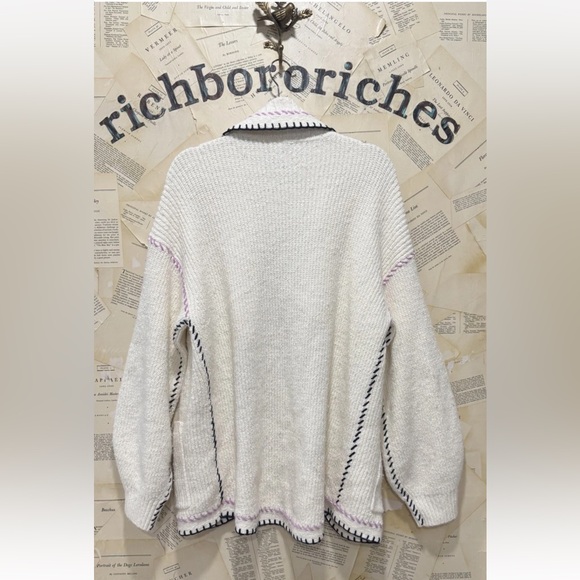Anthropologie Maeve Collared Whipstitch Open Cardigan Sweater Pockets Ivory - Picture 6 of 6